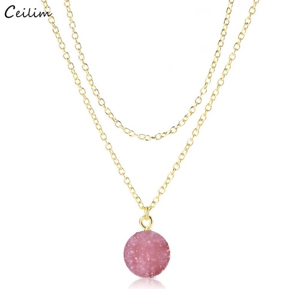 haus of vintage 1984 Jewelry - 5/$20 ❤️ Pink Druzy Stone Gold Layered Necklace